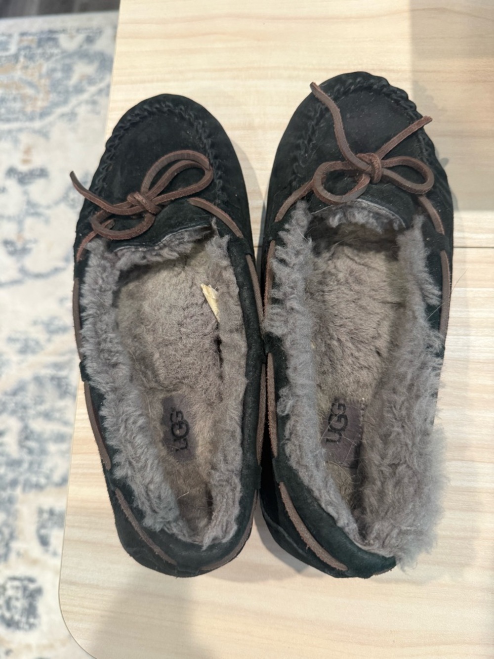UGG Women’s Black Suede Moccasin Slippers with Brown Laces